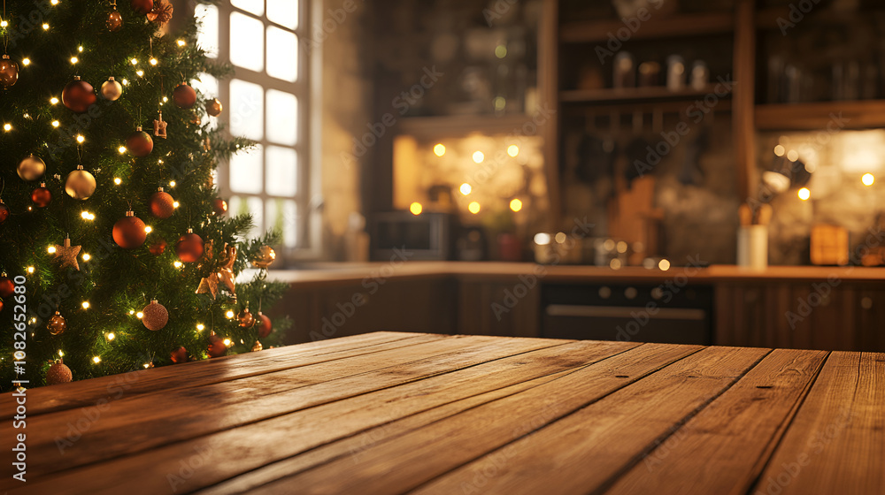 Empty wooden table in kitchen room of christmas tree with decoration background. Empty wooden table in kitchen room of christmas tree with decoration background.