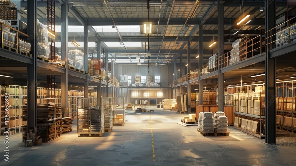 Industrial warehouse with goods stored in transparent containers Industrial warehouse with goods stored in transparent containers