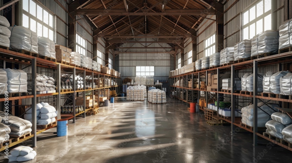Industrial warehouse with goods stored in transparent containers Industrial warehouse with goods stored in transparent containers
