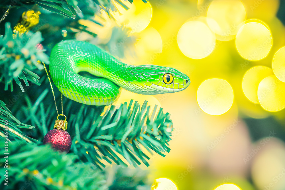 Fototapeta premium a snake on a New Year's background for postcards, banners, backgrounds. 2025. 2037.