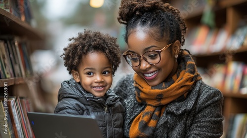 A mother and child joyfully engaging with a laptop in a cozy library setting.