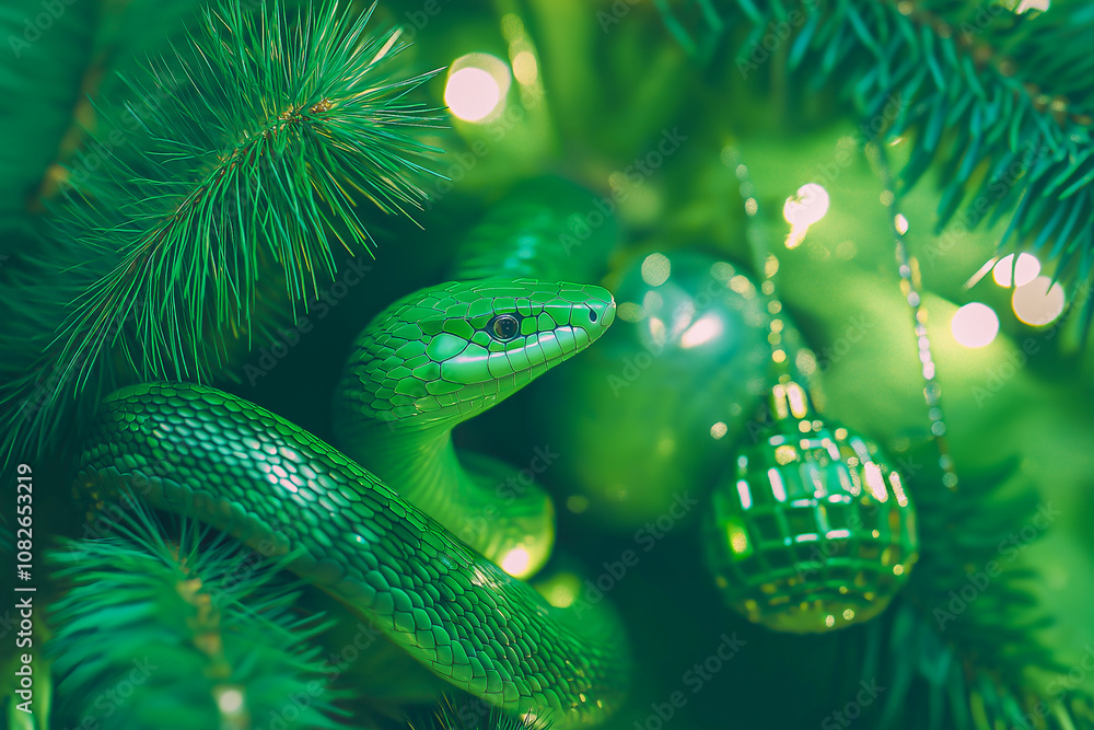 Fototapeta premium a snake on a New Year's background for postcards, banners, backgrounds. 2025. 2037.