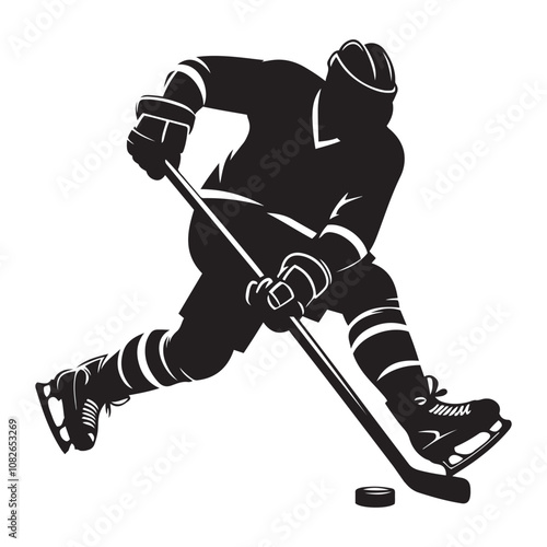 Hockey player in mid-strike silhouette vector art black color design and solid white background 