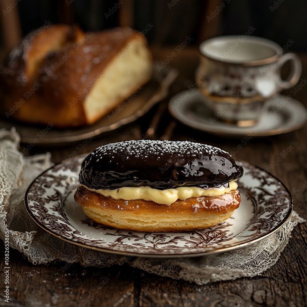Delicate clair with Vanilla Custard and Glossy Dark Chocolate Topping on Vintage Porcelain Plate Delicate clair with Vanilla Custard and Glossy Dark Chocolate Topping on Vintage Porcelain Plate