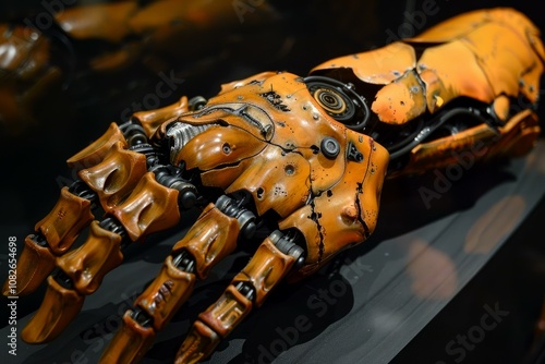 Orange, advanced bionic hand with exposed wires and hydraulics rests on a table photo