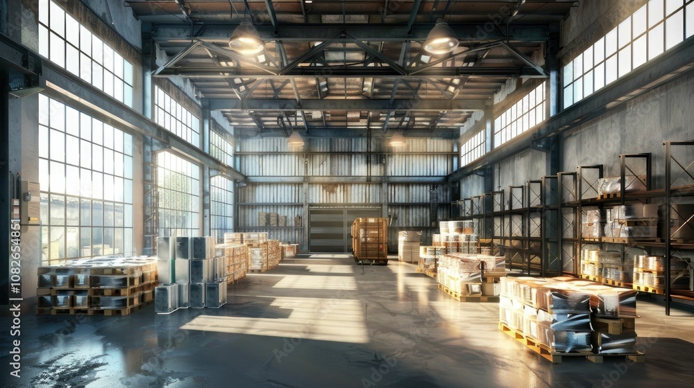 Industrial warehouse with goods stored in transparent containers Industrial warehouse with goods stored in transparent containers