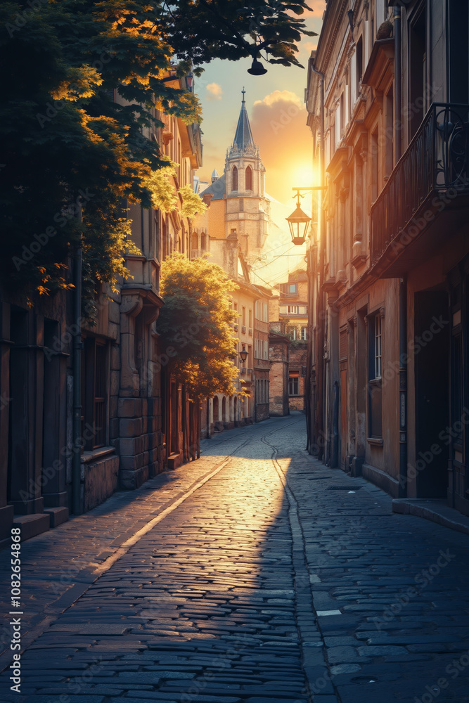 Obraz premium A cobblestone street with a church in the background