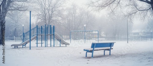 Frost blankets an empty playground, its stillness amplified by the pale blue light of a misty winter morning, creating a quiet, melancholic scene.