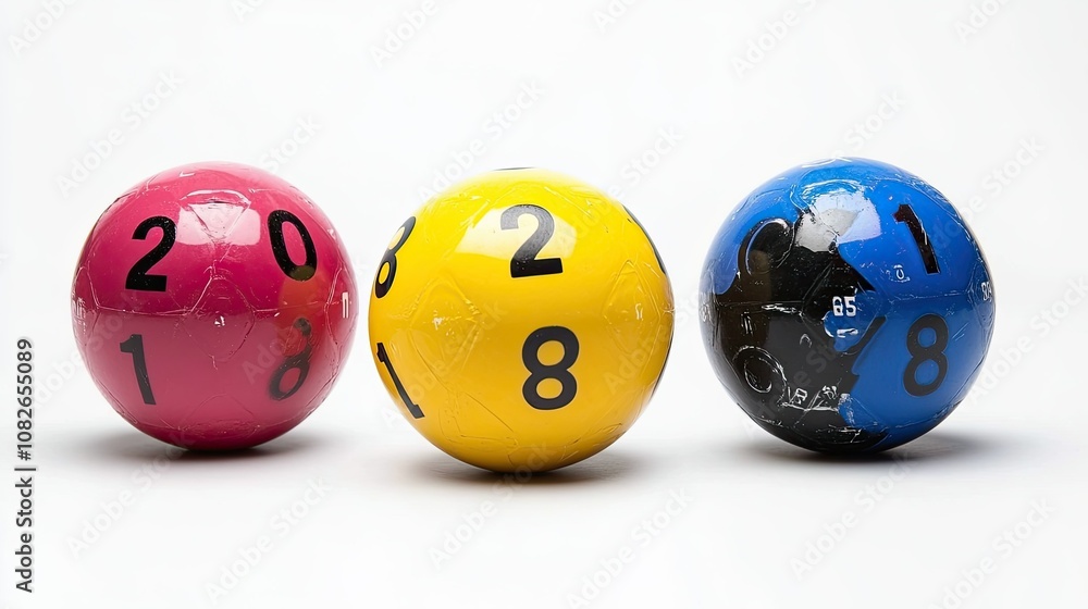Colorful lottery balls with numbers 2018, 2018 and a blue ball showing numbers, depicting chance and luck in gambling and game media, isolated on white background Colorful lottery balls with numbers 2018, 2018 and a blue ball showing numbers, depicting chance and luck in gambling and game media, isolated on white background