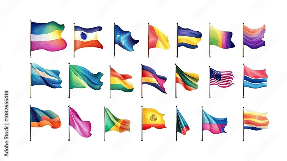 Diverse Collection of Colorful Flags Representing Various Countries, Cultures, and Communities in a Vibrant Display of Identity and Unity on White Background Diverse Collection of Colorful Flags Representing Various Countries, Cultures, and Communities in a Vibrant Display of Identity and Unity on White Background