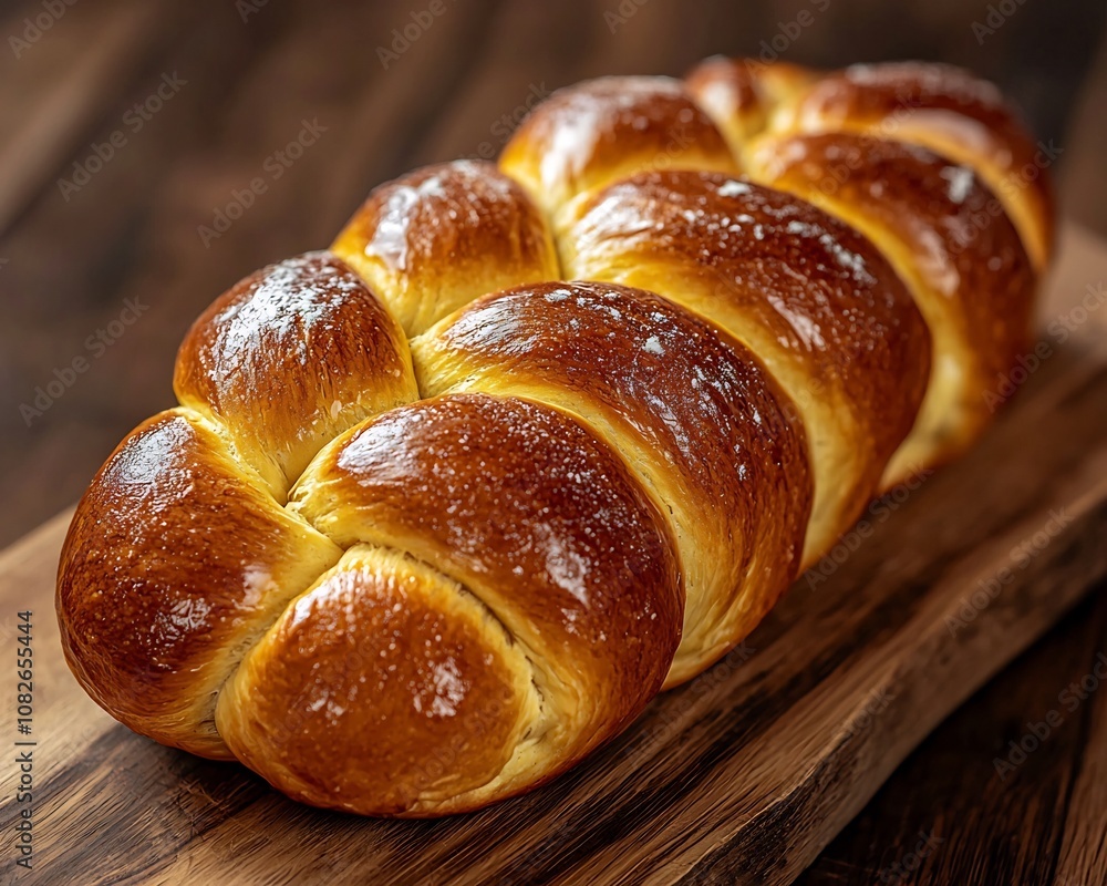 Freshly Baked Braided Challah Bread on Wooden Board Ready for Slicing Freshly Baked Braided Challah Bread on Wooden Board Ready for Slicing