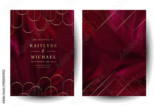 Bright magenta tropical leaves foliage vector backgrounds. Burgundy red wedding invitation frames. Art deco cards with gold geometric ornament. Wine colored save the date. Elegant party templates