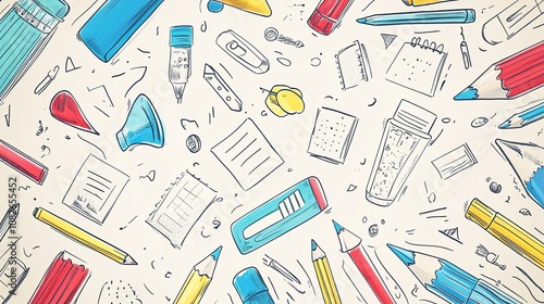 Charming hand-drawn doodles of various stationery items like pencils, erasers, and sticky notes, creating a playful and creative backdrop