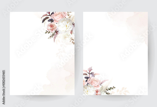 Modern beige and blush trendy vector design square frames. Pastel pampas grass, fern, blush pink and beige rose. Watercolor brush texture.Wedding card decoration. Elements are isolated and editable
