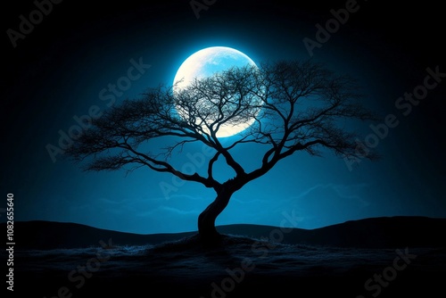 Haunting silhouette of a tree with bare branches under a full moon in a dark, gothic scene