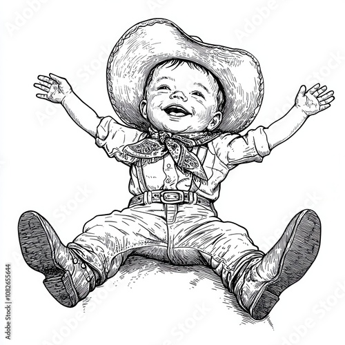 Black and white line drawing of a happy baby cowboy, lying on his back with arms outstretched, wearing a cowboy hat, bandana, and boots. 