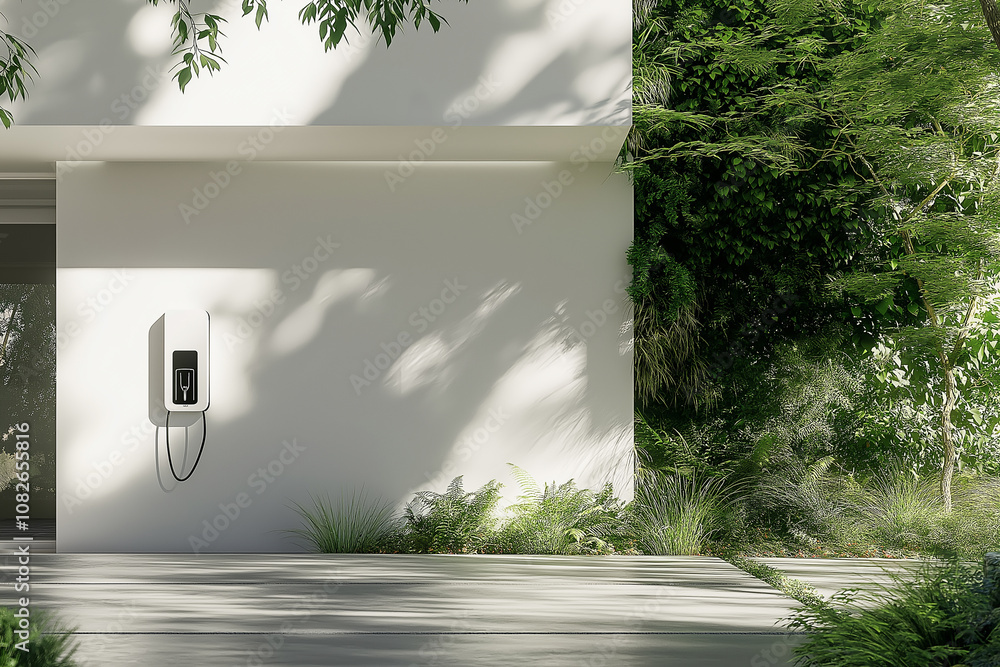 Fototapeta premium White home wall with an electric vehicle charging station and a green landscape outside, creating the perfect setting for your energy-efficient lifestyle.