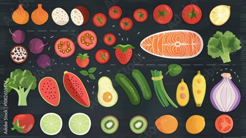 Infographic of a balanced diet with food icons on a chalkboard