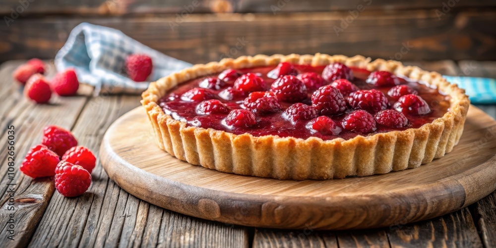 A fresh, homemade raspberry tart with a sweet and tart filling sits on a rustic wooden cutting board, surrounded by fresh raspberries, ready to be enjoyed. A fresh, homemade raspberry tart with a sweet and tart filling sits on a rustic wooden cutting board, surrounded by fresh raspberries, ready to be enjoyed.