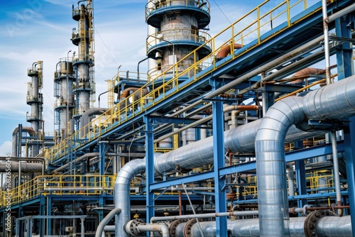 Aerial view of complex industrial piping system within a manufacturing facility showcasing interconnected tubes and structures during daytime photo