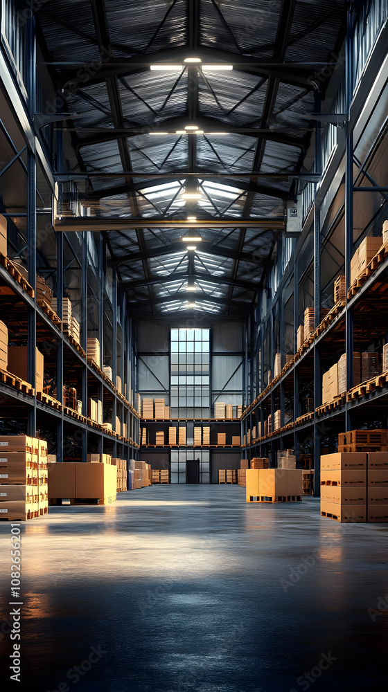 Fototapeta premium 3D Warehouse Interior, Logistics, Cardboard Boxes, Storage, Distribution Center, Industrial, Shipping, Shelves, Sunlight, Empty