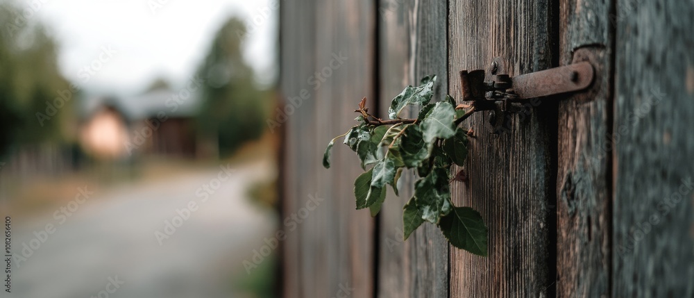 A leafy branch peeks through a rustic wooden fence, contrasting nature and manmade barriers, embodying a sense of freedom and perseverance. A leafy branch peeks through a rustic wooden fence, contrasting nature and manmade barriers, embodying a sense of freedom and perseverance.