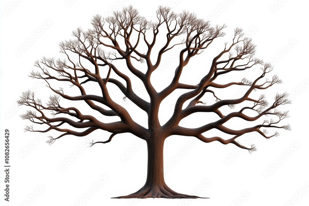 Fototapeta premium Illustration of a bare winter tree with spreading branches, set against a plain white background
