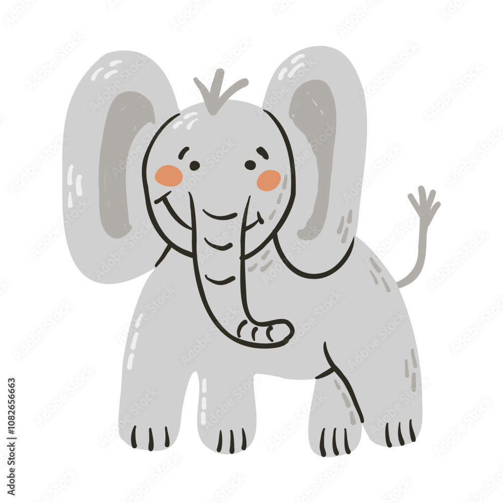 Vector childish illustration of cute smiling elephant with large ears and blushing cheeks in simple, hand drawn style. Perfect for kids designs, nursery decor, and animal themed projects Vector childish illustration of cute smiling elephant with large ears and blushing cheeks in simple, hand drawn style. Perfect for kids designs, nursery decor, and animal themed projects