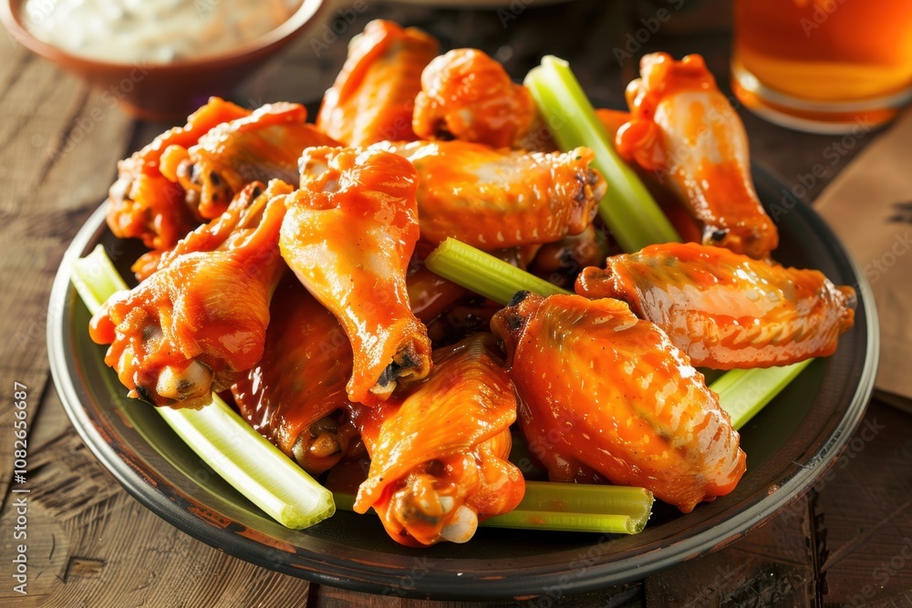 A plate full of spicy chicken wings garnished with celery sticks, served at a casual dining event during the evening, perfect for sharing and enjoying with friends A plate full of spicy chicken wings garnished with celery sticks, served at a casual dining event during the evening, perfect for sharing and enjoying with friends