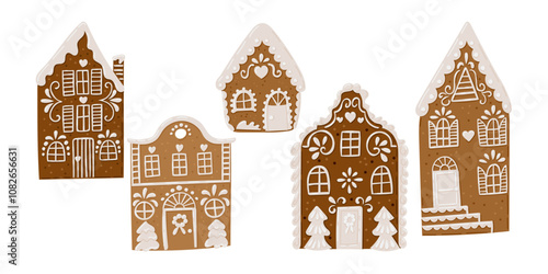 Charming hand drawn vector gingerbread houses with intricate icing designs, perfect for Christmas themes. Ideal for holiday decor, greeting cards, and seasonal illustrations