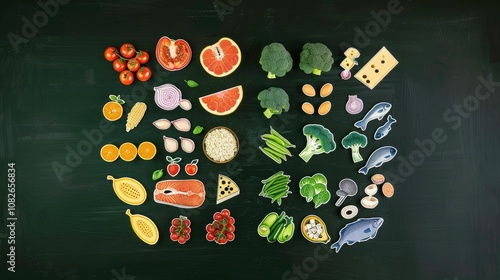 Infographic of a balanced diet with food icons on a chalkboard