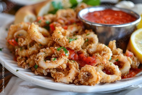 Crispy fried calamari served with marinara sauce and fresh lemon garnishes at a coastal seafood restaurant