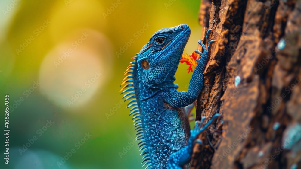 A vibrant blue lizard clings to a tree, showcasing its stunning colors and unique texture in vibrant natural lighting. A vibrant blue lizard clings to a tree, showcasing its stunning colors and unique texture in vibrant natural lighting.