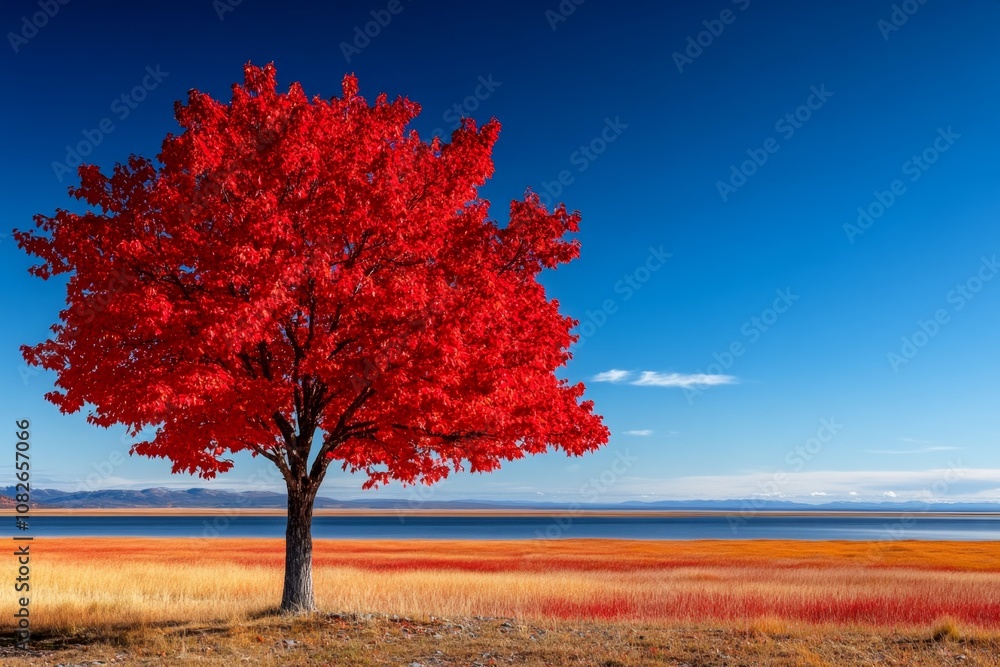 Maple tree with bright red autumn leaves, standing alone in a vast field under a clear sky Maple tree with bright red autumn leaves, standing alone in a vast field under a clear sky
