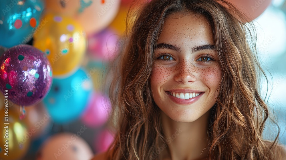Fototapeta premium Joyful young woman smiling surrounded by colorful party balloons