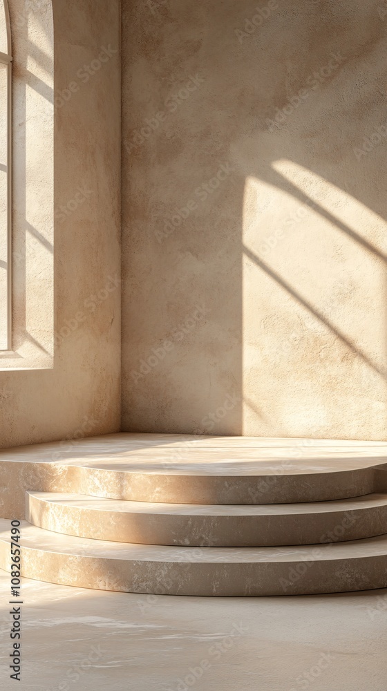 Empty round podium in beige room with sunlight from arched window Empty round podium in beige room with sunlight from arched window