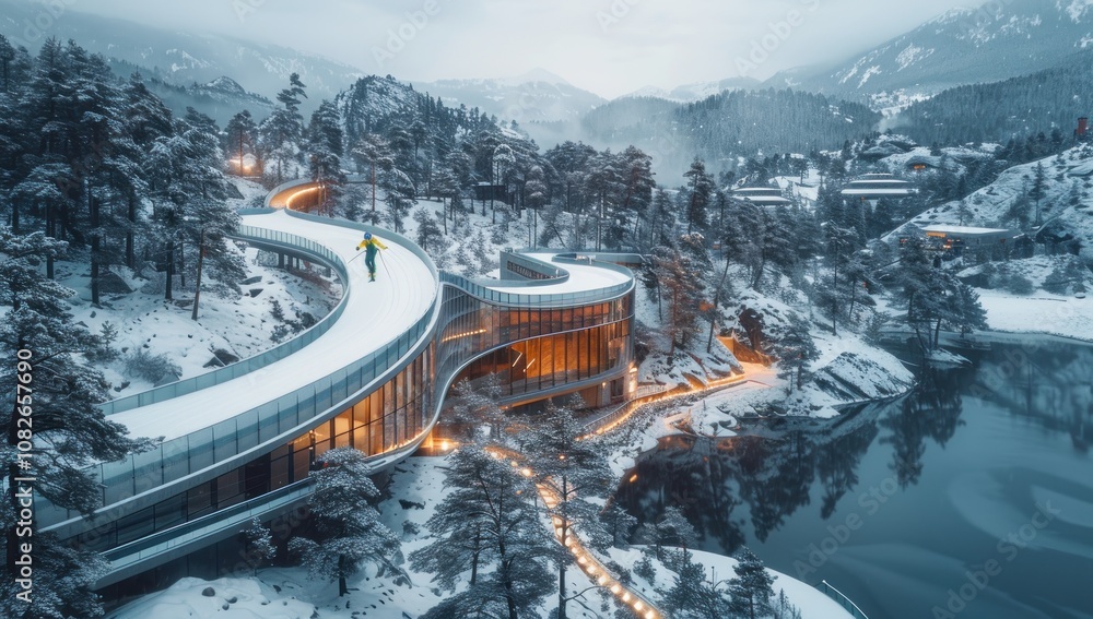 Skiing on a Winding Path by a Mountain Lake Skiing on a Winding Path by a Mountain Lake