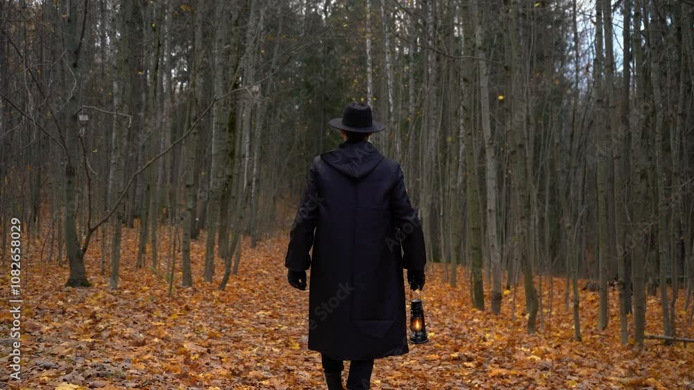 Fantasy man magician in a cloak and hat carries a kerosene lamp, a burning lantern in an autumn yellow forest, Halloween atmosphere, slowmo Fantasy man magician in a cloak and hat carries a kerosene lamp, a burning lantern in an autumn yellow forest, Halloween atmosphere, slowmo