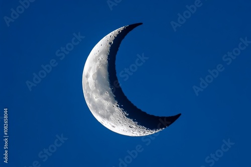 Minimalist sky with a simple crescent moon against a solid deep blue background photo