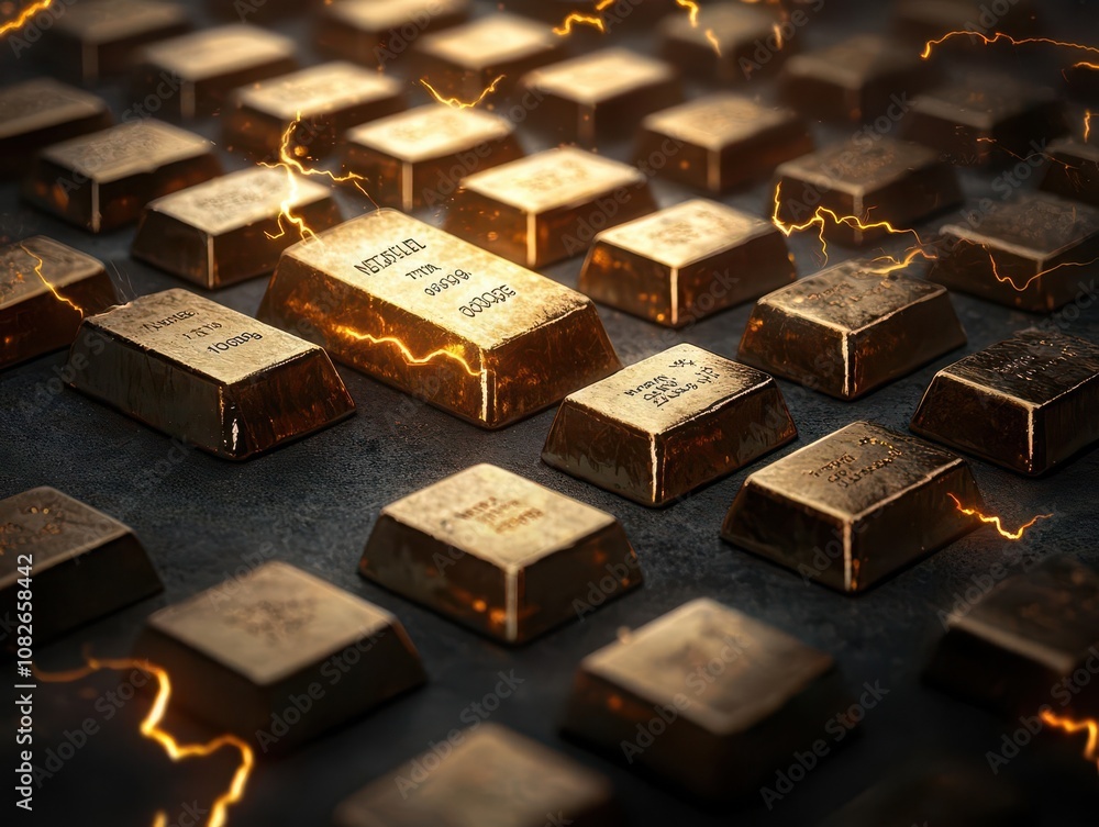 Abstract depiction of gold bars surrounded by storm clouds and lightning, Market Turbulence, Investment Risk Abstract depiction of gold bars surrounded by storm clouds and lightning, Market Turbulence, Investment Risk
