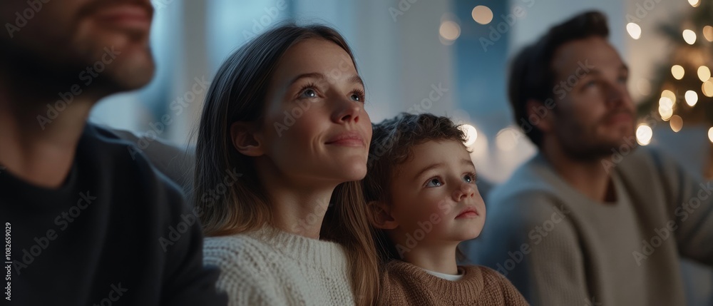 A family gazes toward a Christmas tree, their faces illuminated by soft twinkling lights, embodying warmth, joy, and festive anticipation. A family gazes toward a Christmas tree, their faces illuminated by soft twinkling lights, embodying warmth, joy, and festive anticipation.