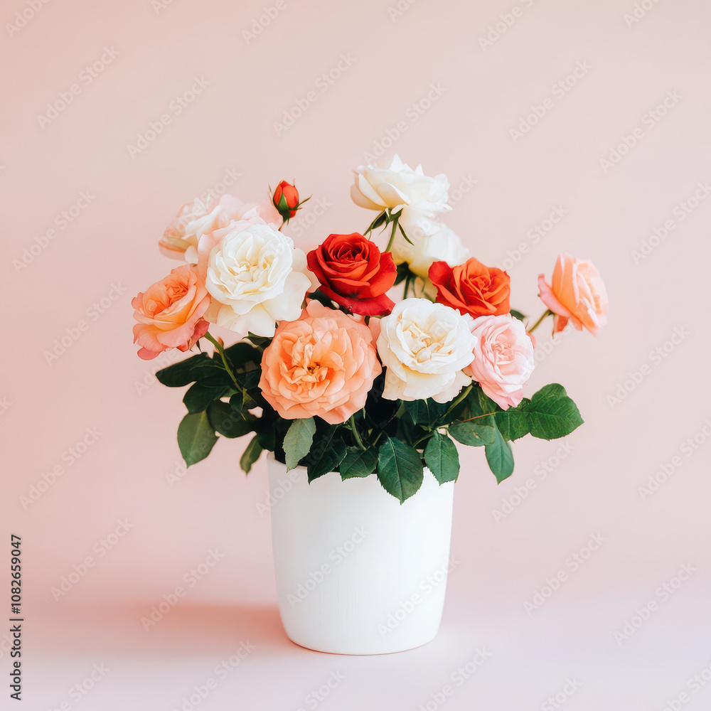 pot of blooming roses in various colors against simple background, creating cheerful and vibrant atmosphere. Perfect for decoration or gifting pot of blooming roses in various colors against simple background, creating cheerful and vibrant atmosphere. Perfect for decoration or gifting