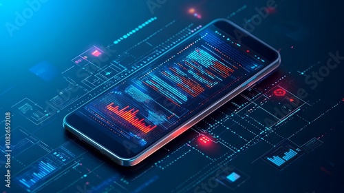 Isometric smartphone app interface showcasing business analytics, software development trends, coding processes, programming, and cross-platform testing