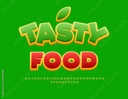 Vector advertising banner Tasty Food with creative Alphabet Letters and Numbers set. Ttrendy Green and Yellow Font