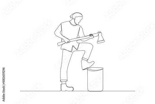 Continuous single-line art drawing of man cutting wood with an axe.  Chopping woods outline vector