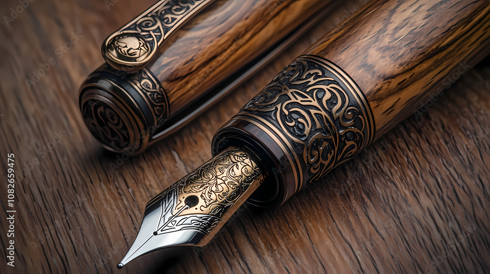 Close-up of a beautifully handcrafted wooden fountain pen featuring exquisite engravings, highlighting the artisanal craftsmanship and classic design style. Exquisite. Illustration Close-up of a beautifully handcrafted wooden fountain pen featuring exquisite engravings, highlighting the artisanal craftsmanship and classic design style. Exquisite. Illustration