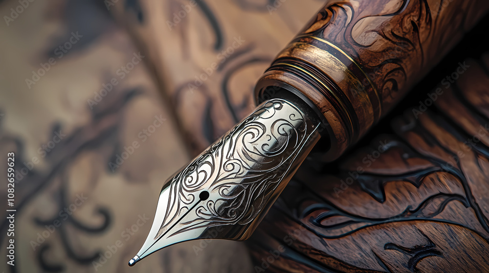 Close-up of a beautifully handcrafted wooden fountain pen featuring exquisite engravings, highlighting the artisanal craftsmanship and classic design style. Exquisite. Illustration Close-up of a beautifully handcrafted wooden fountain pen featuring exquisite engravings, highlighting the artisanal craftsmanship and classic design style. Exquisite. Illustration