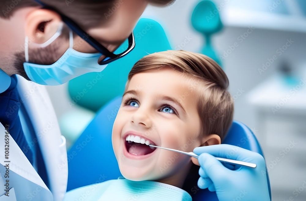 Fototapeta premium Dentist examines young boy\'s teeth during a routine dental check-up in a bright and friendly clinic environment