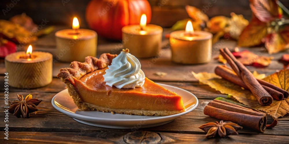 A slice of pumpkin pie with whipped cream, nestled amidst a cozy autumn scene of candles, cinnamon sticks, and fallen leaves. A slice of pumpkin pie with whipped cream, nestled amidst a cozy autumn scene of candles, cinnamon sticks, and fallen leaves.