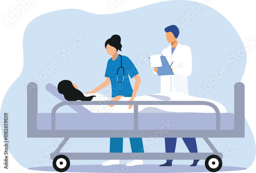 Doctor taking notes with nurse caring patient for doctor monitoring patient's condition and taking note of patient record condition for prescription.healthcare teamwork for effective treatment.